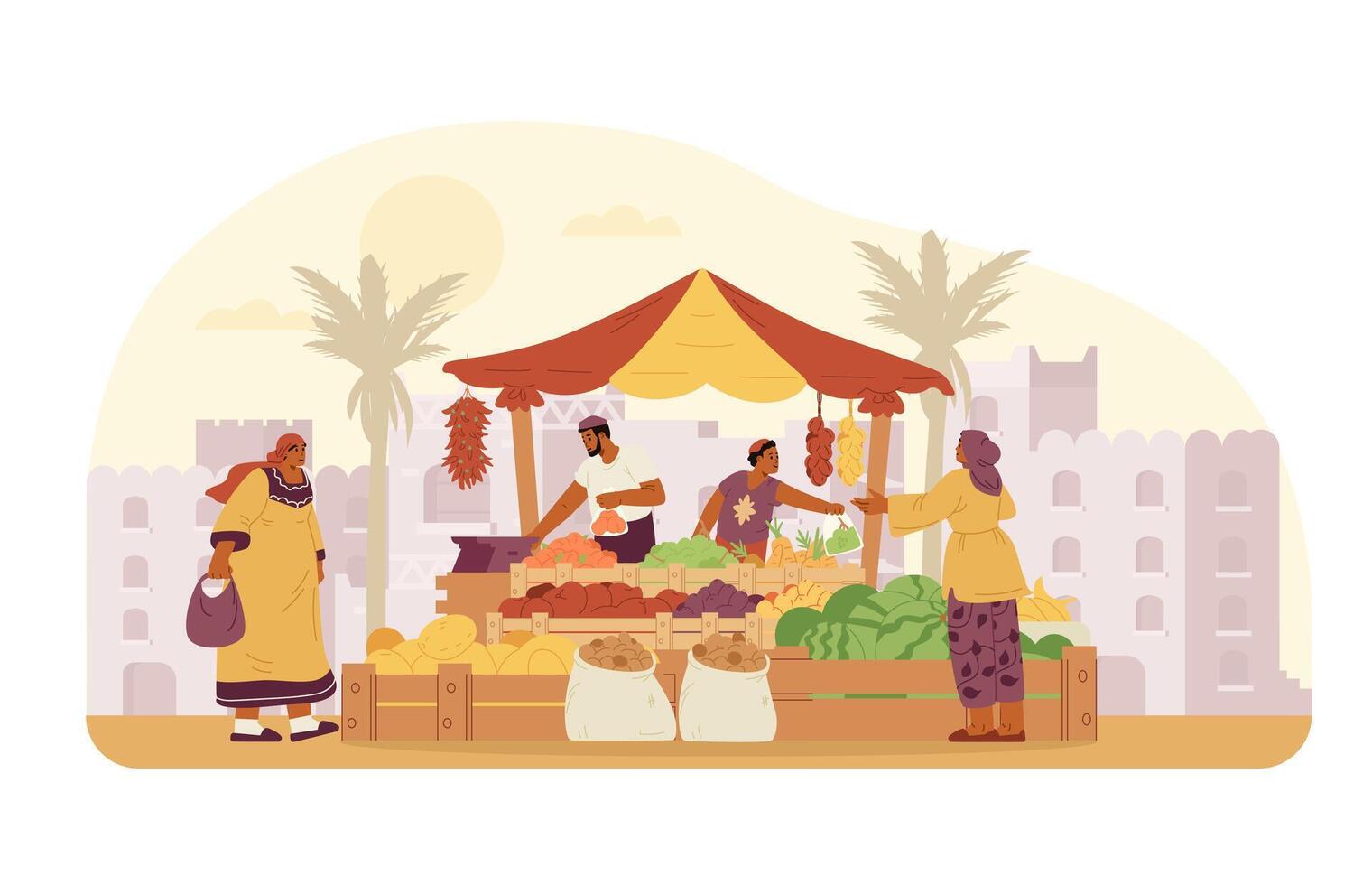 Mitte östlichen Familie Vater und Sohn Verkauf Früchte und Gemüse im ein Marktplatz mit uralt Stadt beim das Hintergrund eben Vektor Illustration. Frauen Kauf Früchte beim das Markt.