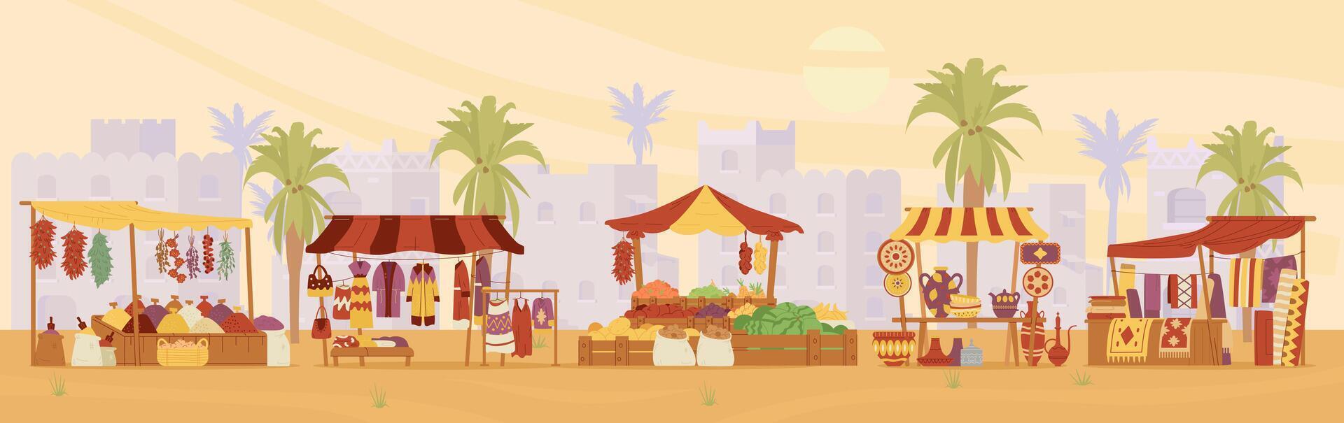 arabisch Straße Basar mit uralt Stadt im das Wüste beim das Hintergrund eben Vektor Illustration.
