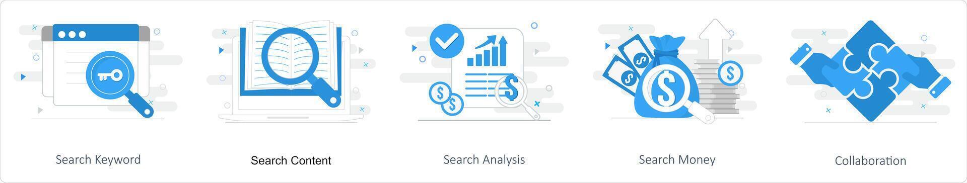 en uppsättning av 5 blanda ikoner som sökande nyckelord, Sök innehåll, Sök analys vektor
