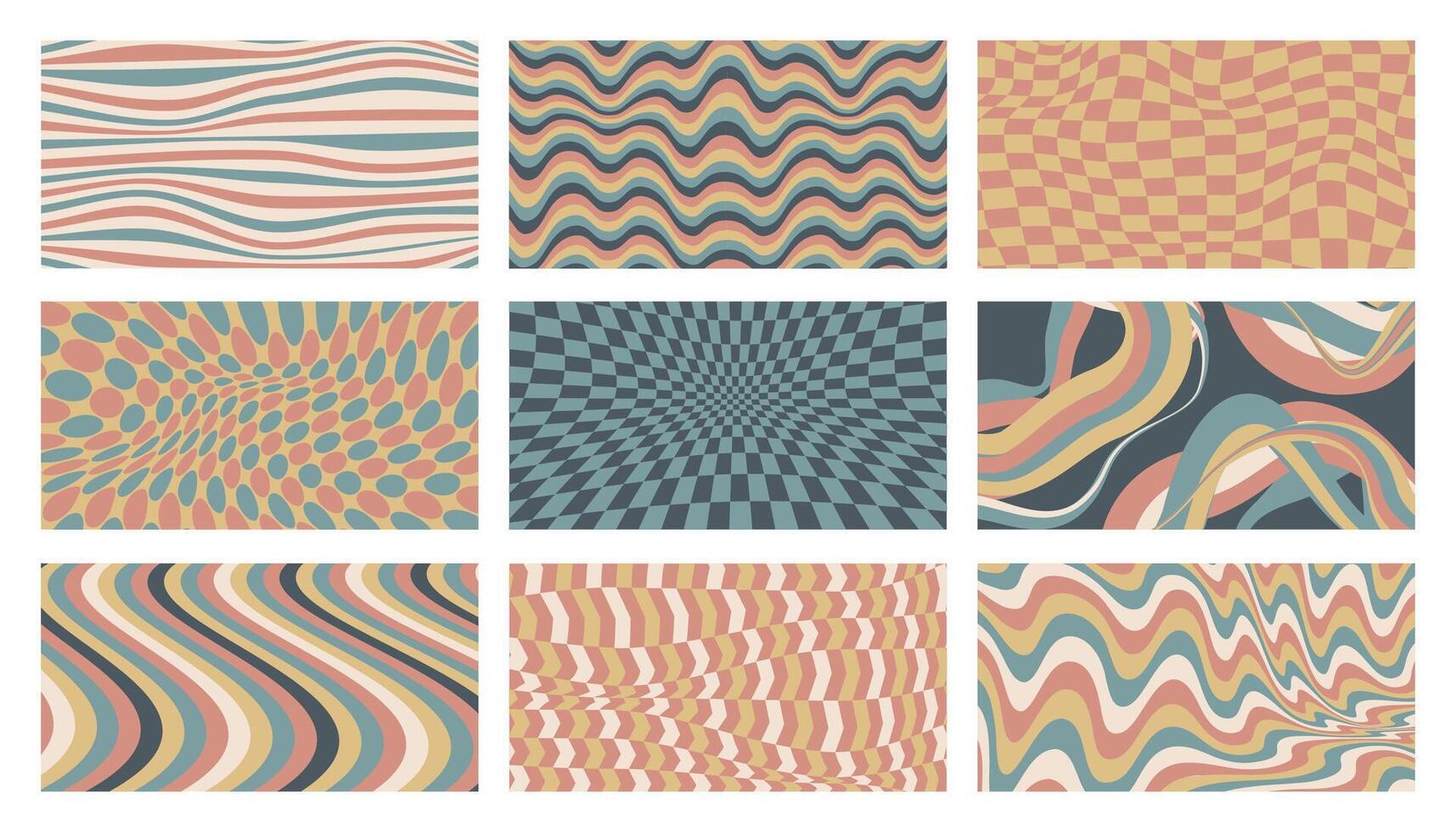 häftig bakgrund uppsättning. 70s psychedelic abstrakt tapet med hippie blommig mönster, retro 70s dekorativ bakgrund för baner design. vektor samling