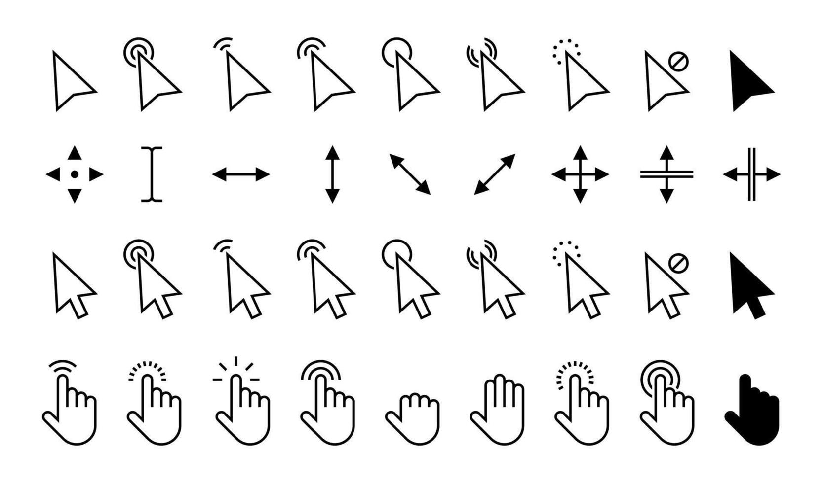 Zeiger Mauszeiger. Computer Maus klicken Pfeil Symbole eben Stil, zeigen Finger und Text Mauszeiger. Vektor isoliert einstellen
