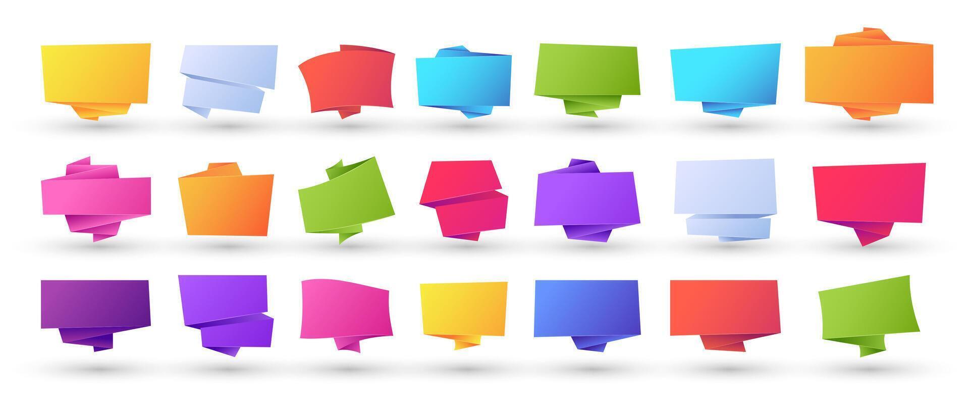 origami banderoller. abstrakt geometrisk dekorativ papper band, bubbla och maska tecken, försäljning layout design mallar. vektor färgrik uppsättning