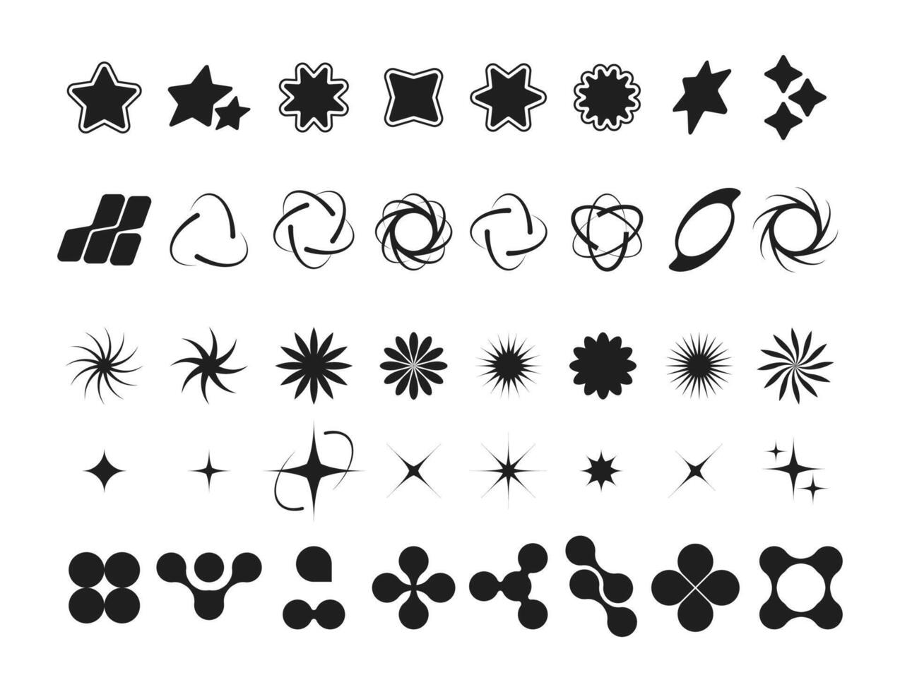 y2k schwarz Symbole. retro futuristisch geometrisch Elemente, 70er Jahre 80er Jahre modern dekorativ Symbole Globus Star Pfeil Planet. Vektor isoliert einstellen