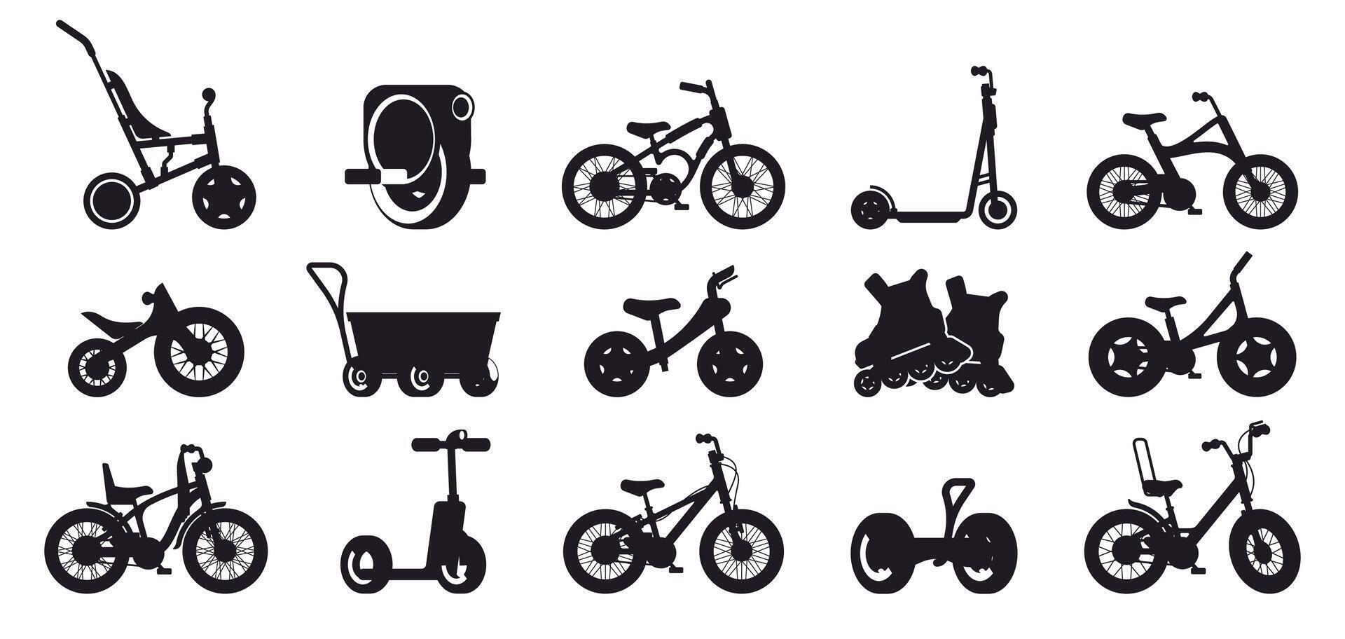 Kinder schwarz Fahrrad Symbol. Gliederung Silhouetten von anders Typen von Fahrrad zum Kinder Transport, Rennen und Stadt. Vektor isoliert Sammlung