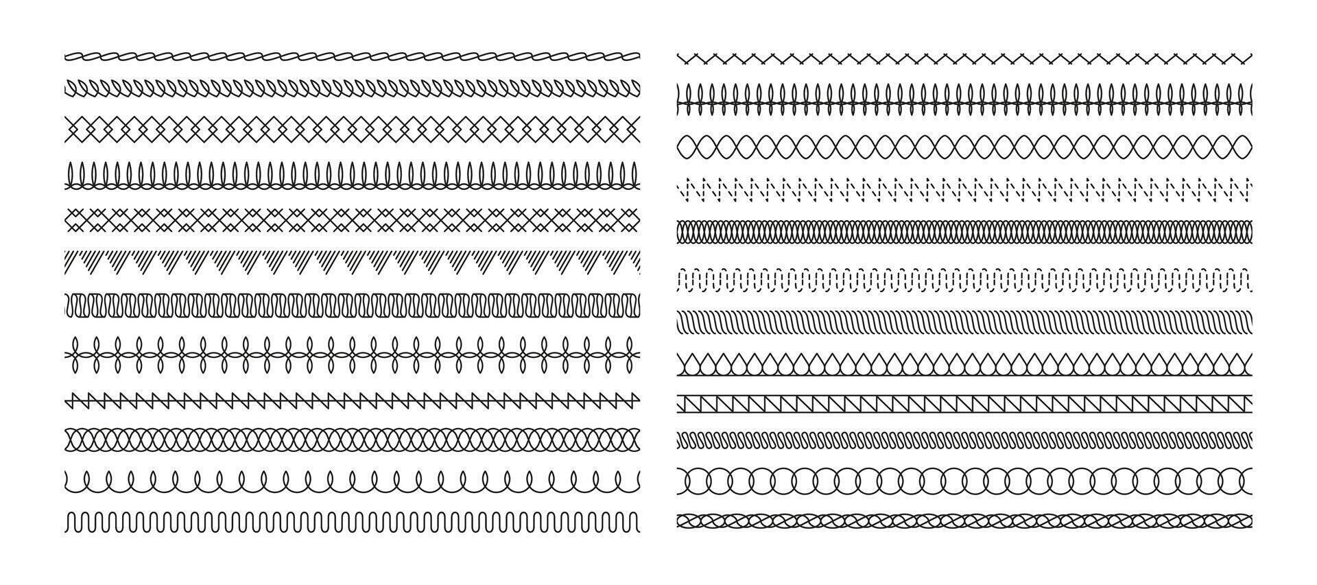 Stich Muster Sammlung. verschiedene Nähen und Naht Designs zum Nähen und Stickerei Projekte. bunt und vielseitig Vektor Abbildungen