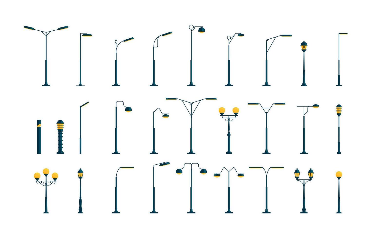 draussen städtisch Licht. elektrisch Straße Lampe Symbole, modern und Jahrgang Stadt, Dorf Lampe Post Zier Design, alt Straßenlaterne elektrisch Leistung. Vektor einstellen