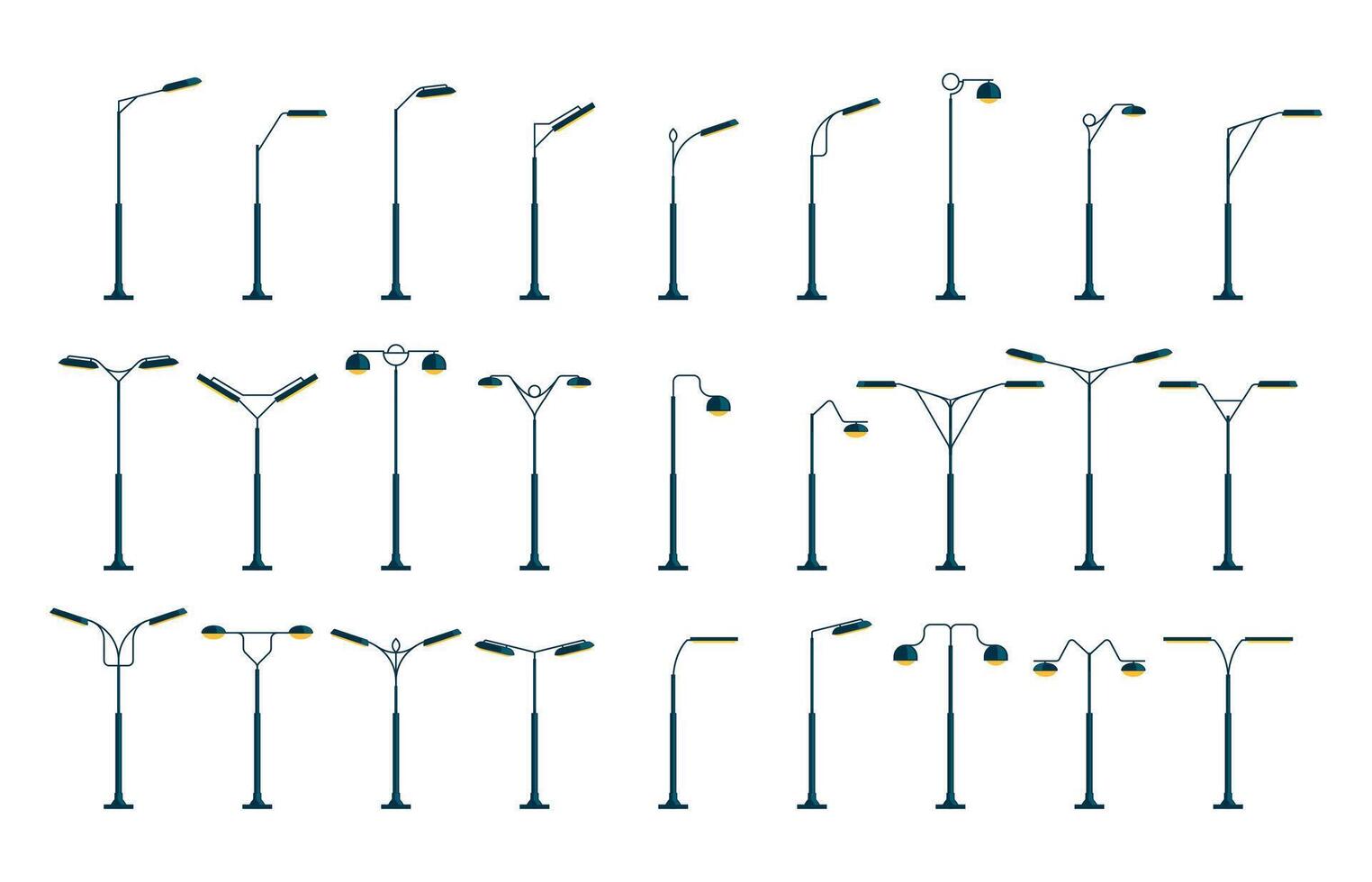 Stadt Licht Pole. modern städtisch Straße Lampe Post, Karikatur eben Lampen draussen architektonisch Zubehör. Vektor Straße Beleuchtung isoliert einstellen