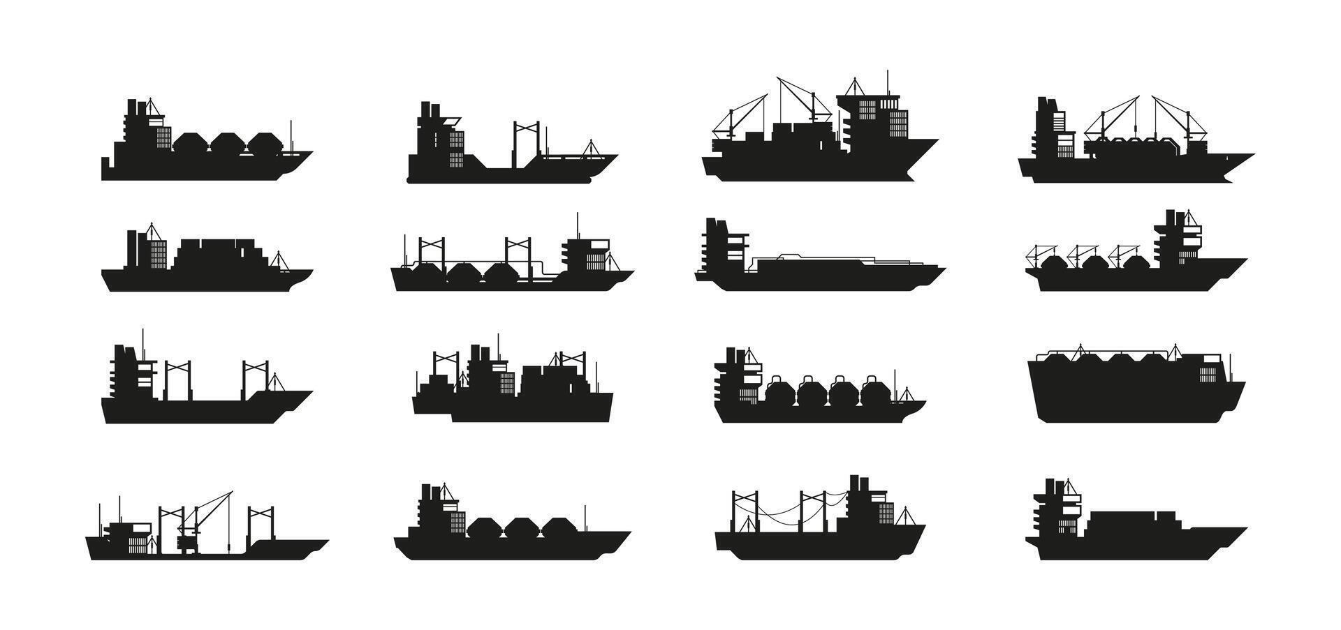 schwarz Ladung Schiffe. kommerziell Meer Transport Schiffe, Tanker Tragen schwer Behälter, Versand Frachter Boote Silhouetten eben Stil. Vektor Satz.