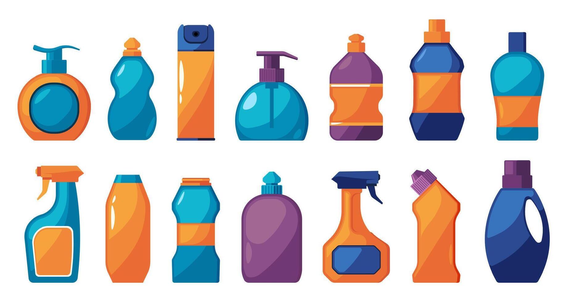 Karikatur Haushalt Chemikalien. Reinigung Produkte Container mit flüssig, sprühen und Pulver, Zuhause Pflege chemisch und Hygiene Konzept. Vektor Illustration