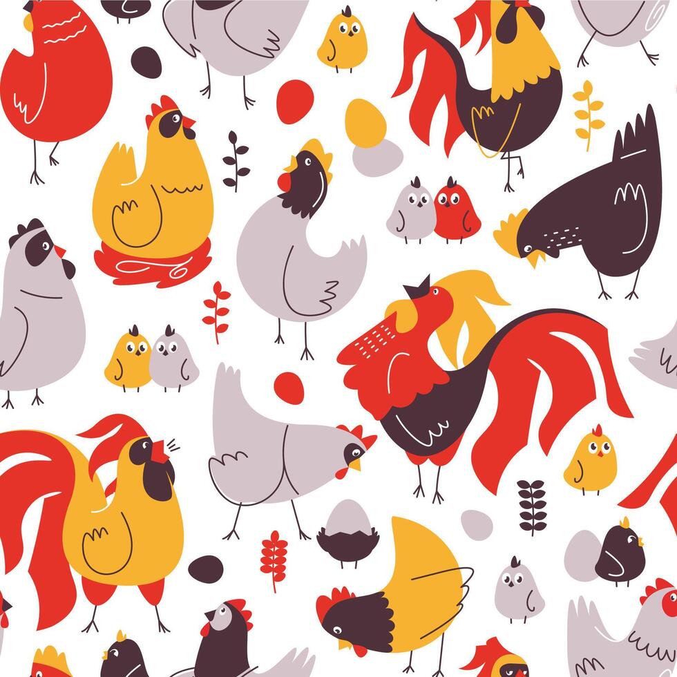 Karikatur Hühner Muster. nahtlos drucken von Ostern dekorativ Bauernhof Tier Zeichen zum Gruß Karten, Urlaub Dekor und Party Dekoration. Vektor Textur
