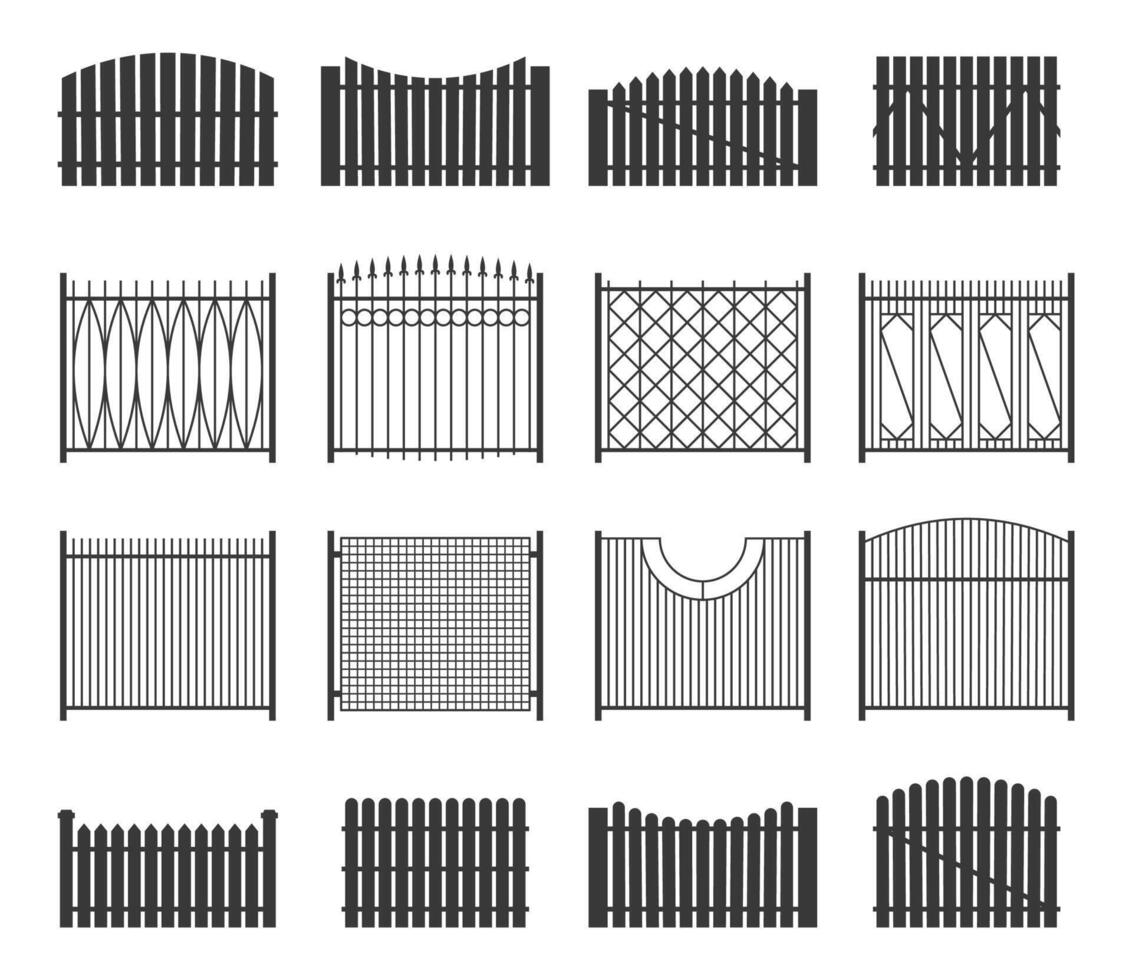 schwarz Zaun Sammlung. Bauernhof Palisade, Land Garten Wand, Sicherheit Privat Zaun, Hof Schutz. Vektor isoliert einstellen