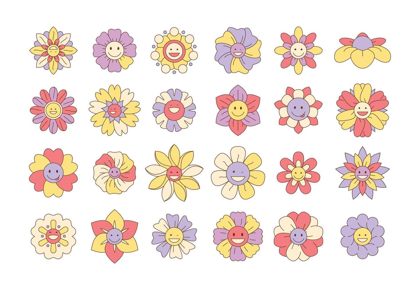 groovig Karikatur Blumen. komisch Hippie Linie Symbole mit Gesicht Lächeln und lachen, Hippie Blume Zeichen mit glücklich Emotionen. Vektor bunt einstellen