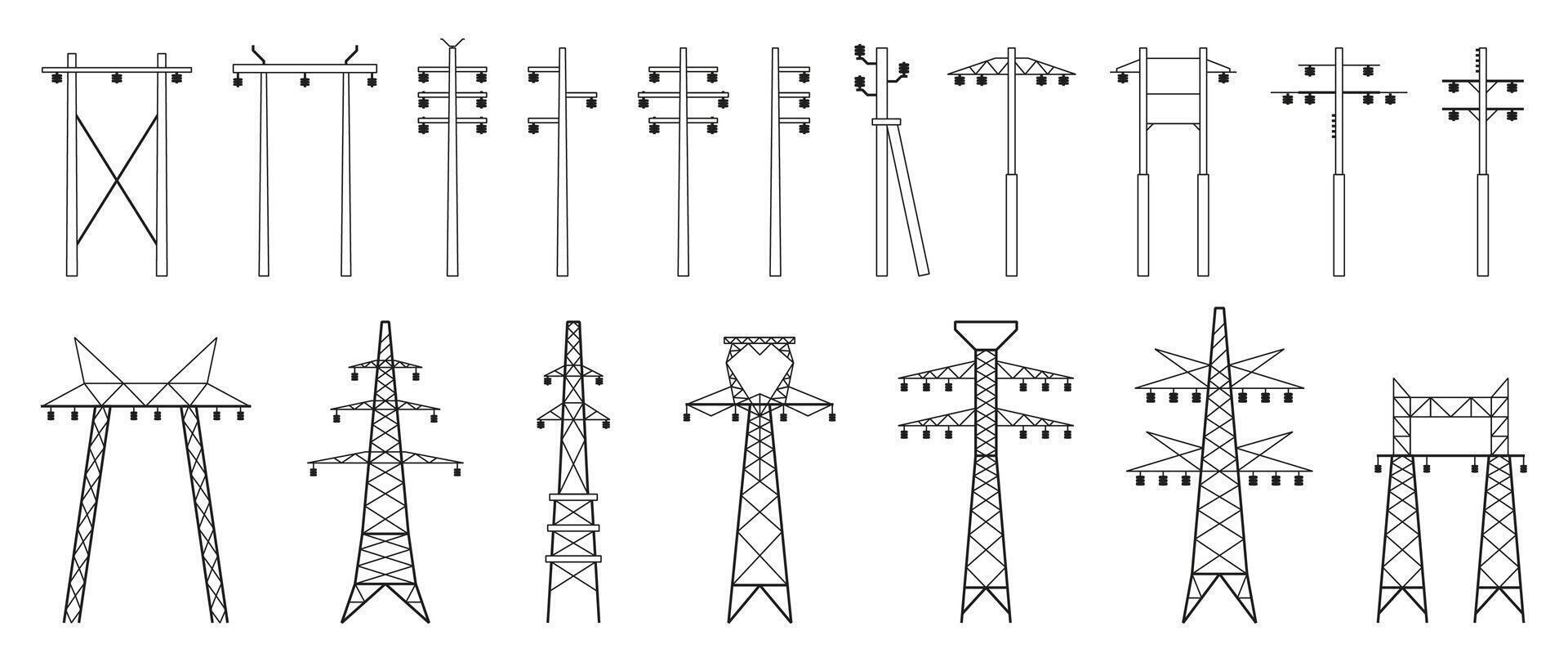 elektrisk pyloner uppsättning. elektrisk torn konstruktion och underhåll, kraftledning förbindelse och elektricitet nätverk infrastruktur konstruktion. vektor platt samling