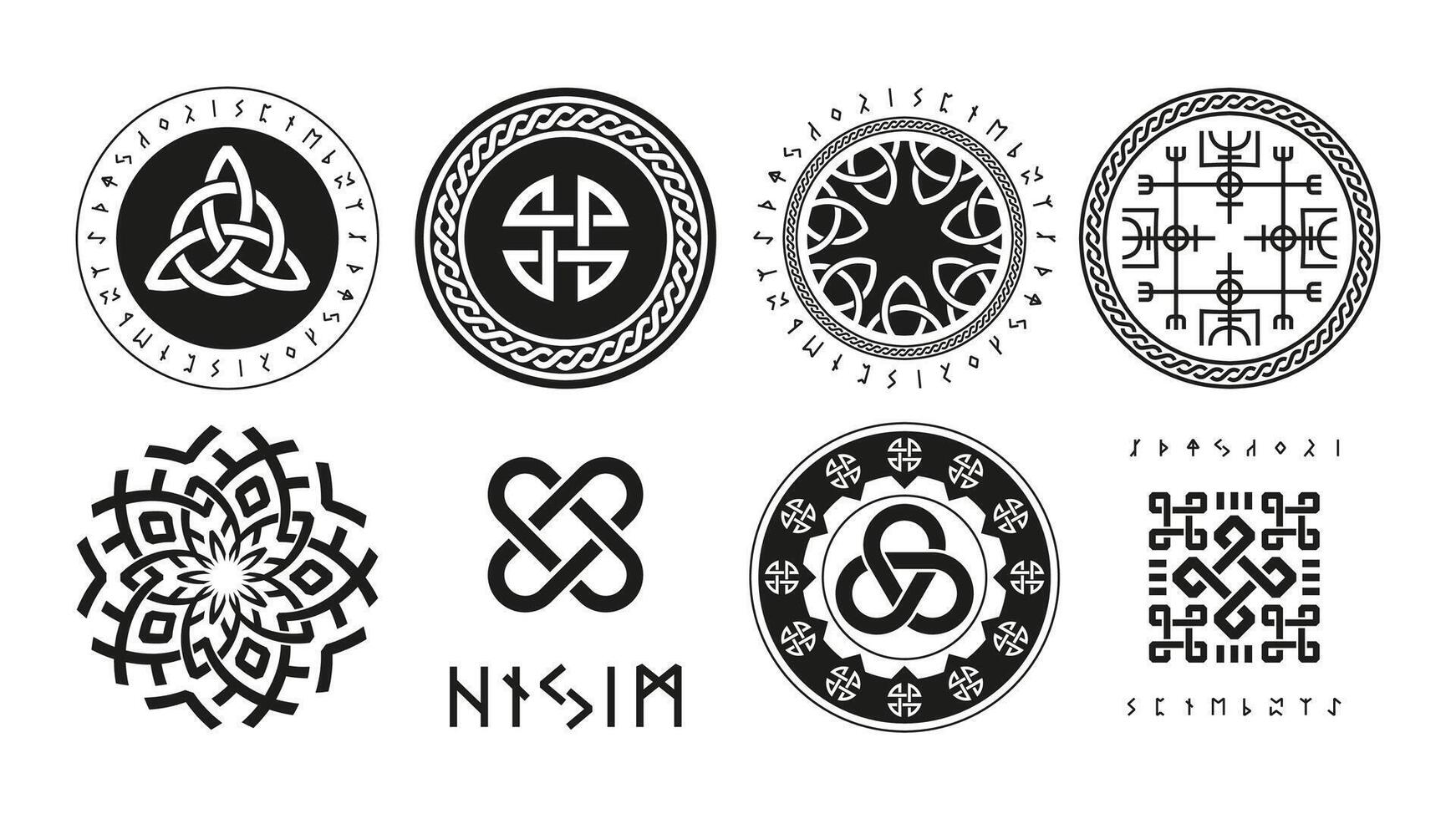 nordisch Runen Logo. skandinavisch heidnisch esoterisch Religion Symbole, Wikinger Schutz Rune triquetra Yggdrasil vegvisir futhark Walnuss Symbole. Vektor nordisch einstellen