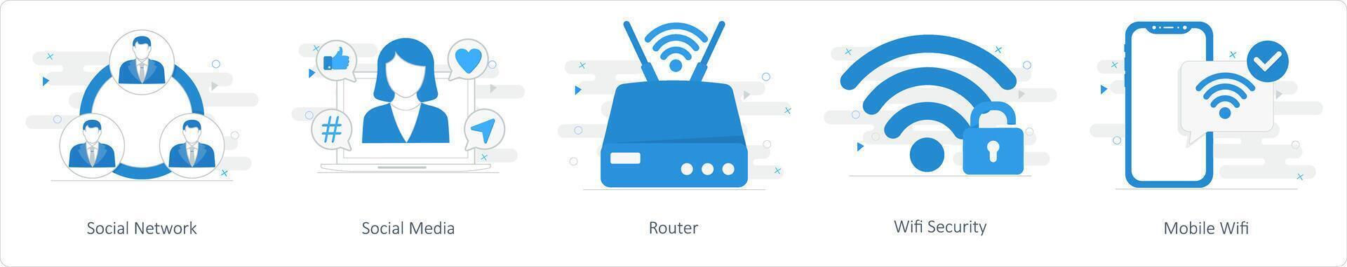 en uppsättning av 5 blanda ikoner som social nätverk, social media, router vektor