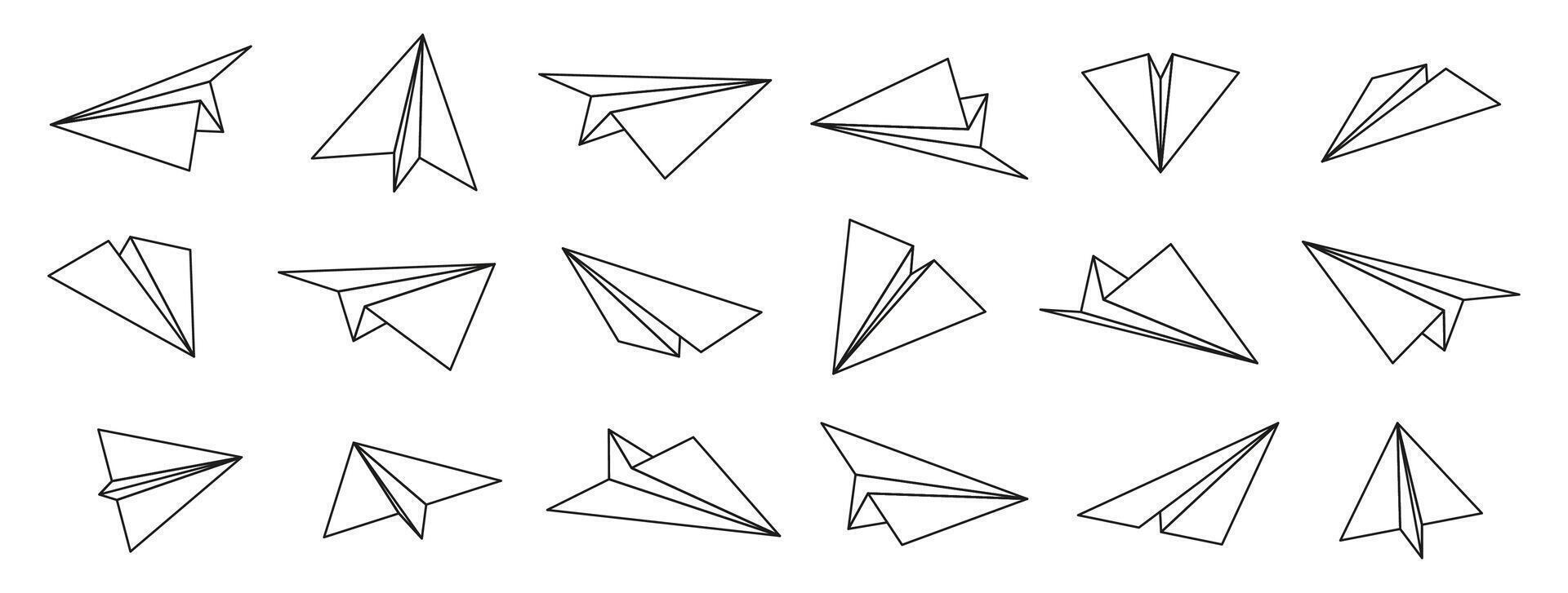papper plan ikoner. vikta origami flygplan, plan topp och botten, origami spel variationer. tunn papper konst symbol samling. vektor uppsättning