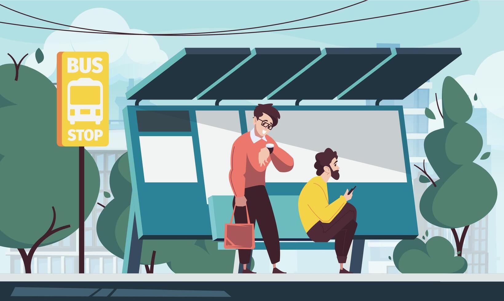 Öffentlichkeit Transport Bahnhof. Stadt Transport Infrastruktur Szene mit Passagier warten zum Bus. Vektor Illustration