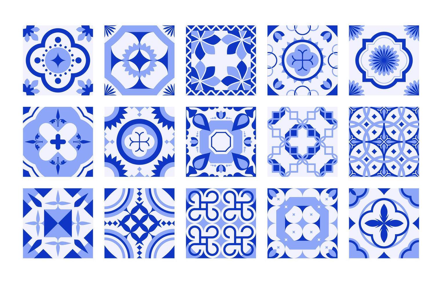 Portugal Fliesen. Mittelmeer Mosaik Marine Blau Ornament, traditionell Blumen- dekorativ Keramik zum Innere, Indigo Platz Patchwork Dekor. Vektor isoliert einstellen