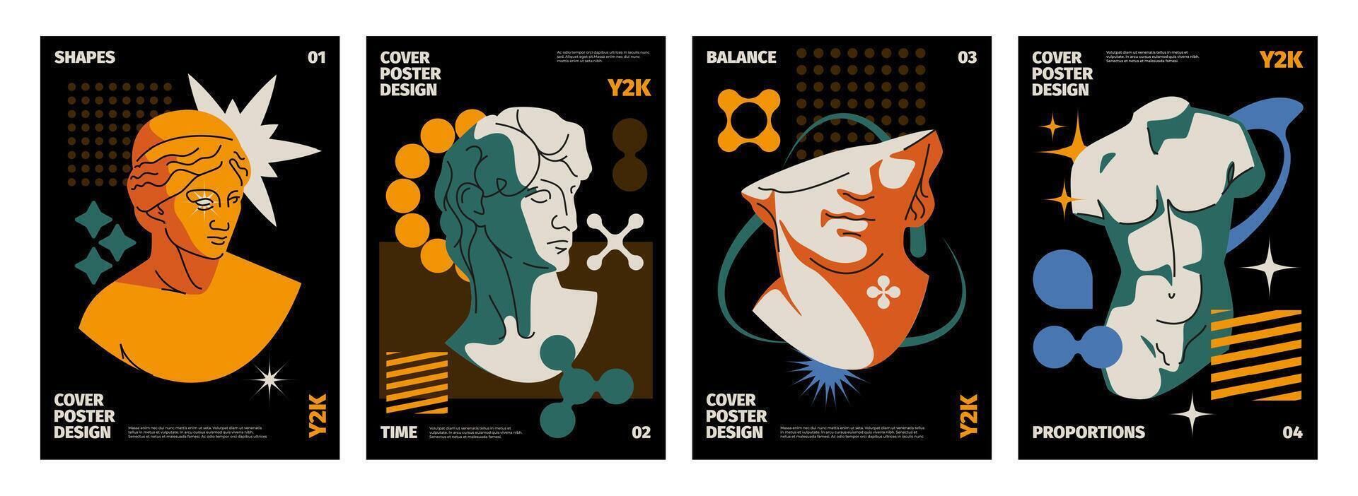 y2k omslag. abstrakt modern typografi banderoller med geometrisk former och kosmisk element. vektor 90s retro skriva ut design layout