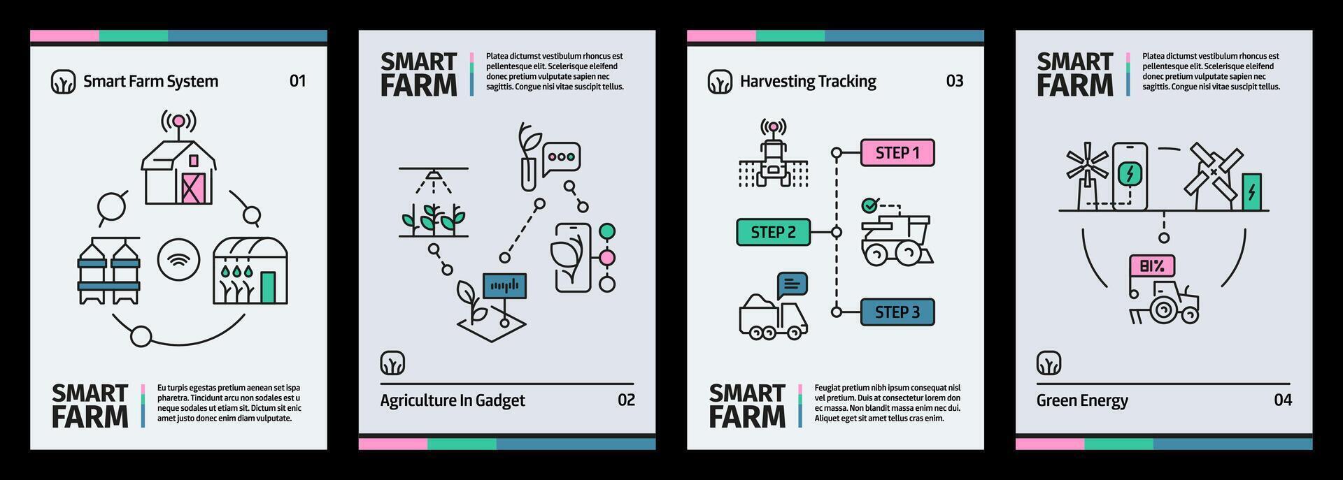 smart bruka baner. organisk lantbruk begrepp med robot Drönare och gps teknologi, jordbruk Drönare program häfte. vektor illustration