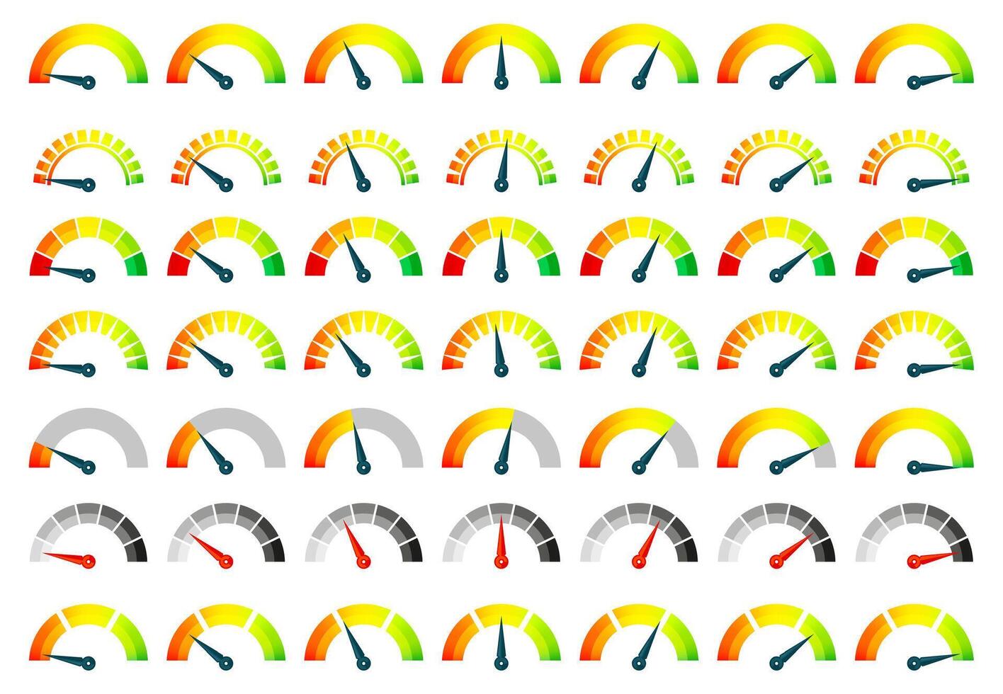 mätare meter. betyg skala bar indikator med pil hastighetsmätare, instrumentbräda skala panel nivå meter för mått fart. vektor uppsättning