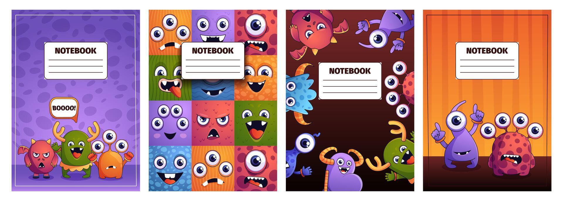 monster anteckningsbok omslag. tecknad serie fantasi tecken skissbok, tom tecknad serie dagbok med rolig tecken och söt ögon. vektor illustration