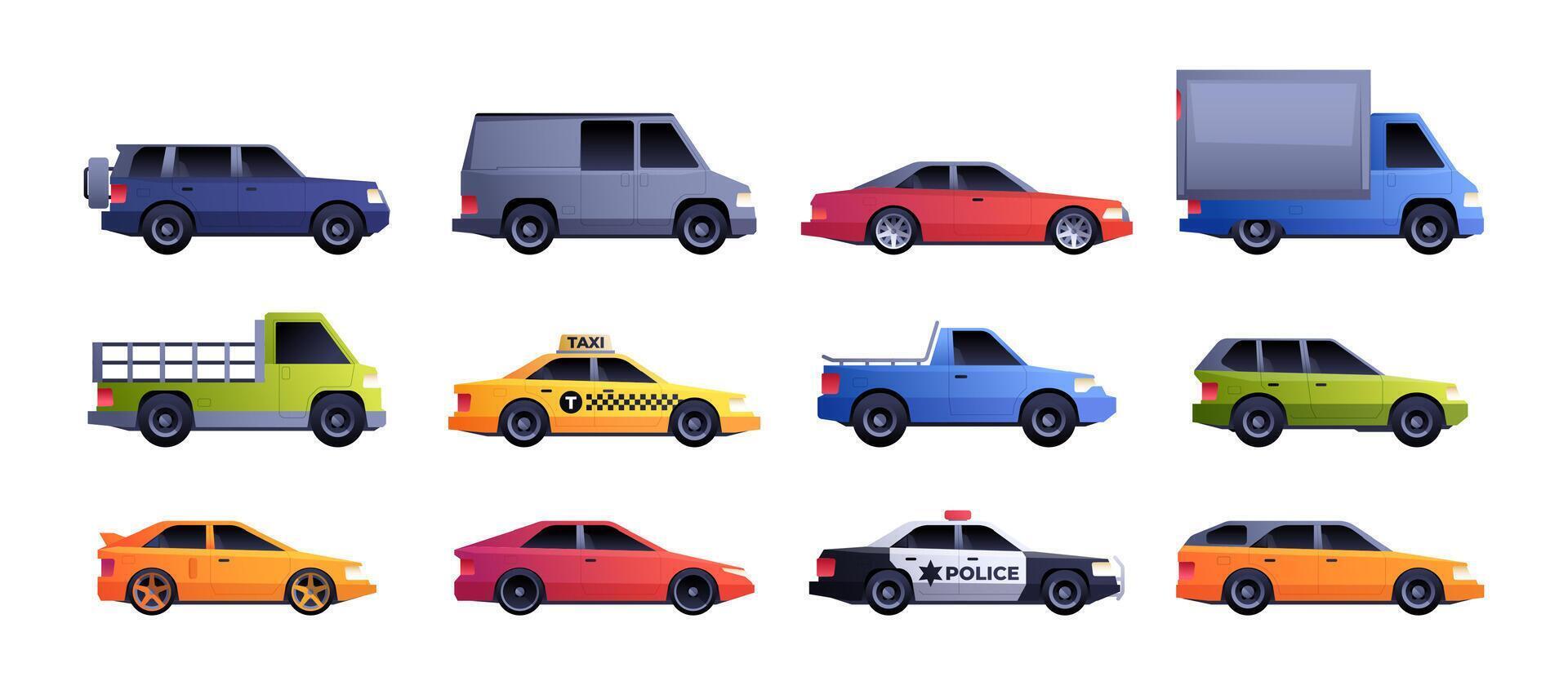 bilar samling. tecknad serie fordon transport, färgrik sedan eller halvkombi bil, taxi bil platt stil transport begrepp. vektor isolerat uppsättning