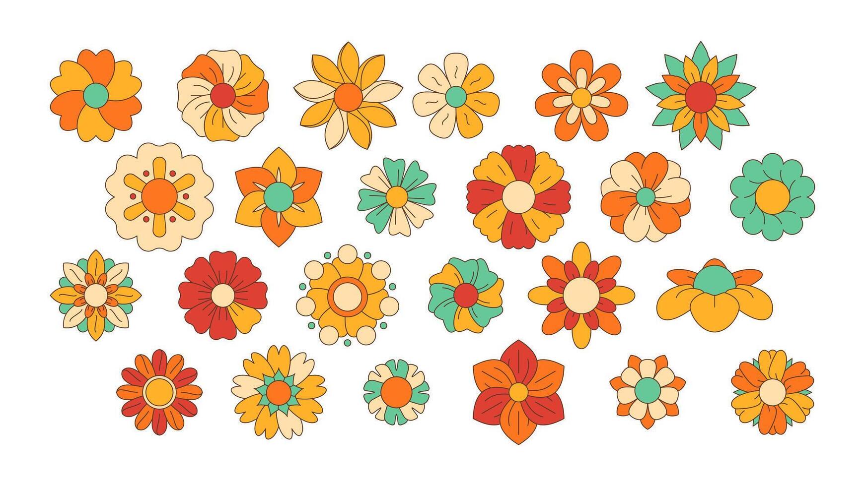 linjär hippie blommor. klotter häftig blomma ikoner, sextiotalet blomma kraft symboler, abstrakt översikt färgrik blomma symboler. vektor samling