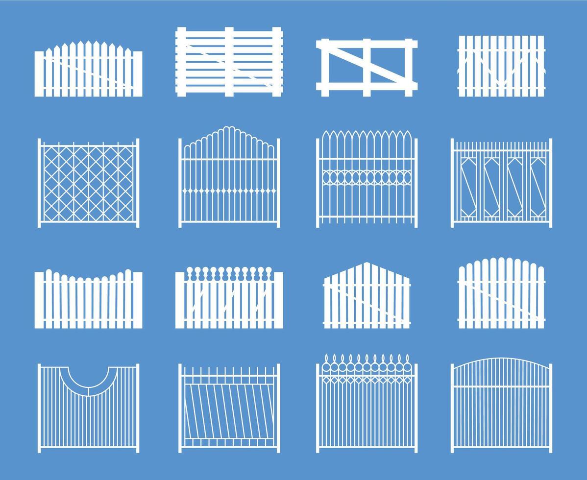 Zaun Silhouette Satz. horizontal Garten Tafel Zaun, hölzern Streikposten und Planke Struktur, retro ländlich Sicherheit Grenzen. Vektor isoliert Sammlung