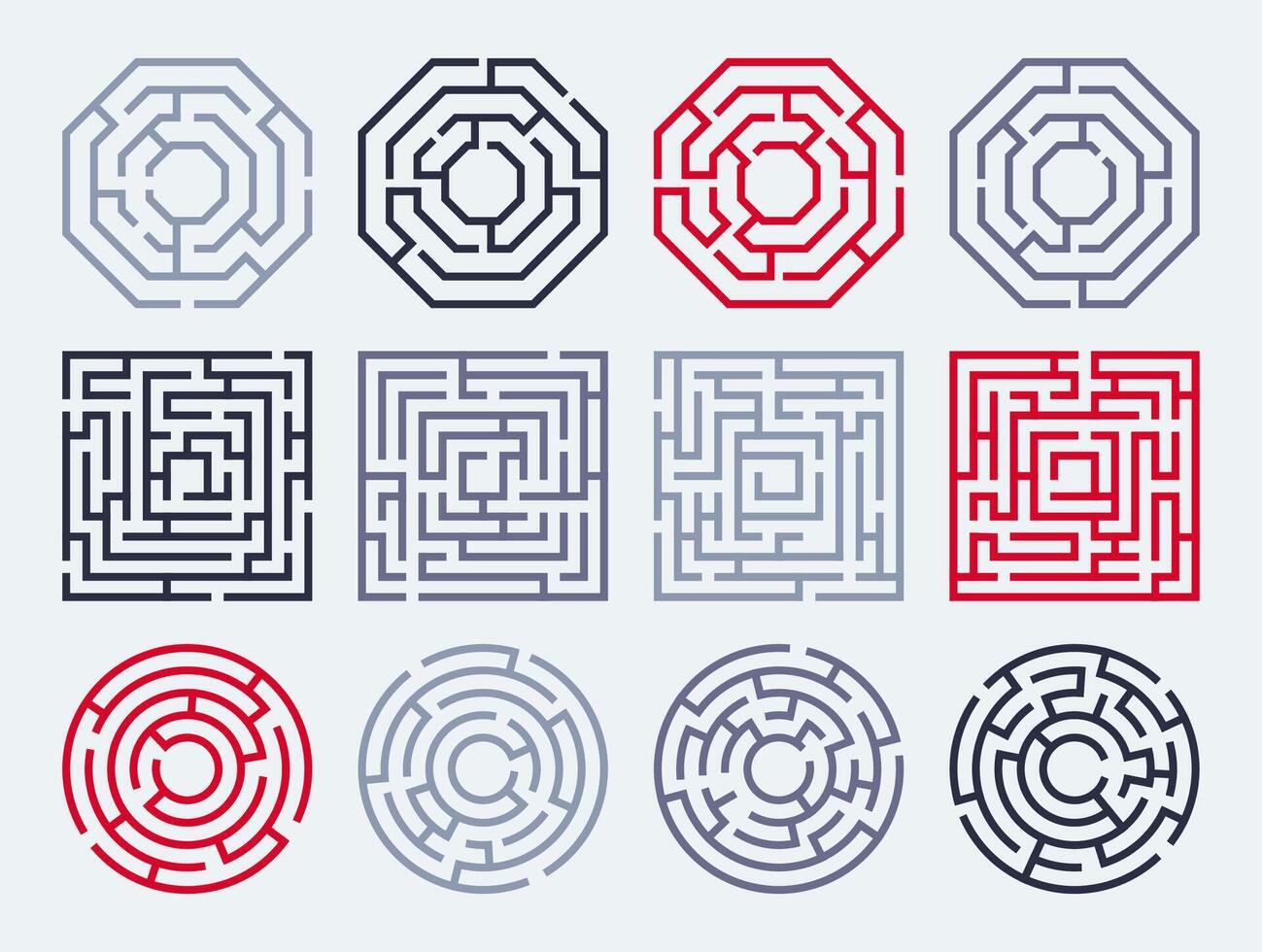 labyrint symboler uppsättning. labyrint väg komplicerad linjär piktogram, labyrint rutt uppgift geometrisk emblem. vektor labyrint samling