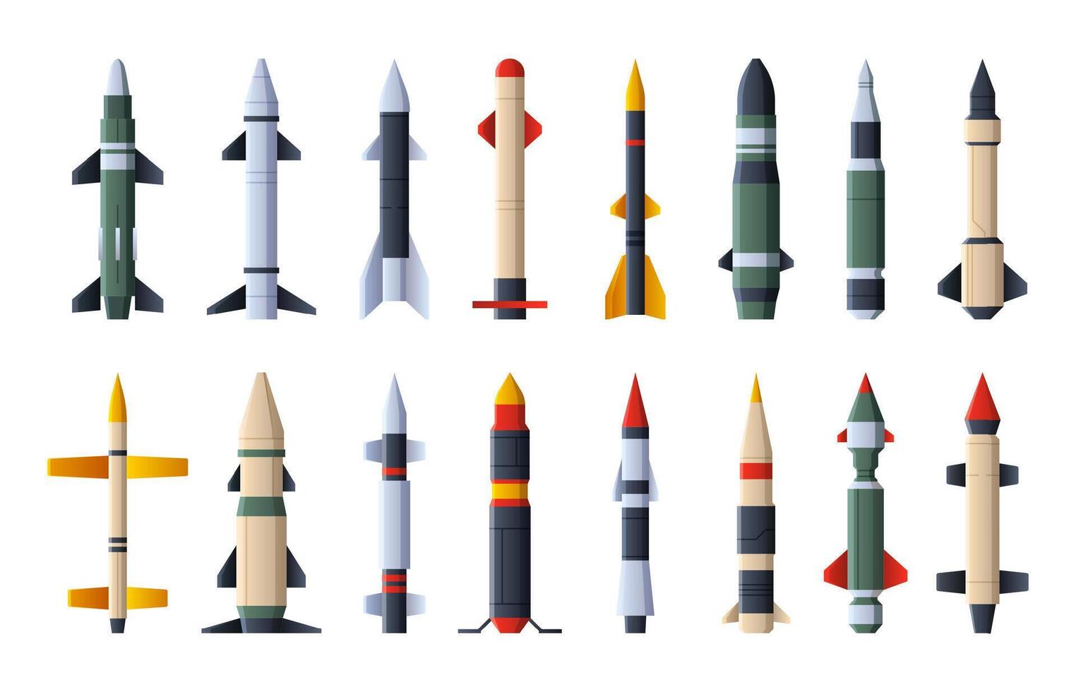 missiler samling. militär flygplan vapen med stridsspets, explosiv missileri ballistisk raket och artilleri projektil, krigstid armén Utrustning. vektor