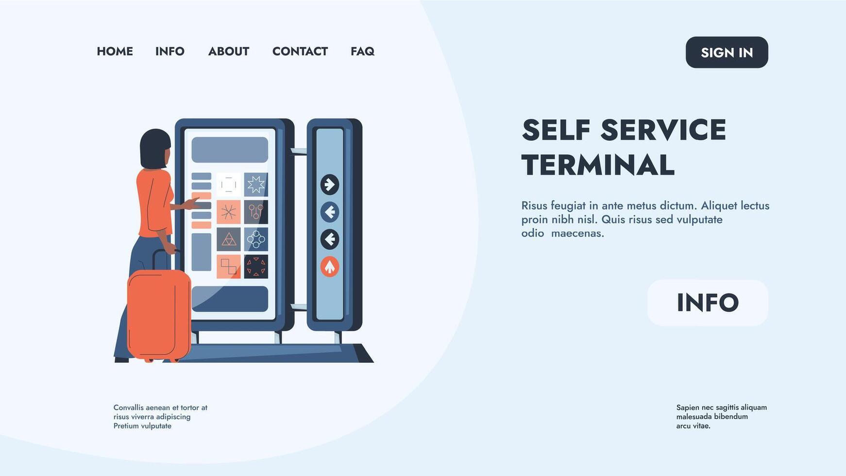 interaktiv kiosk landning. själv service terminal och checka in skärm webb design mall. vektor kolla upp och beställning kiosk hemsida layout