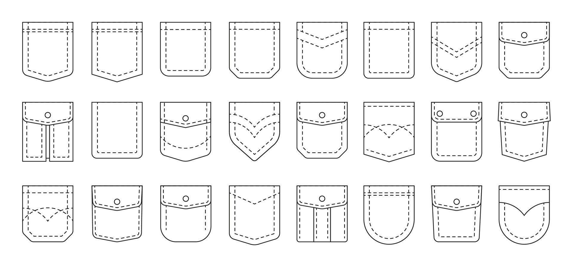 Linie Taschen. Nähen Gliederung Patches zum Männer und Frauen Hose, Textil- Uniform und eingesackt Stoff Elemente. Vektor Baumwolle Stoff Formen einstellen