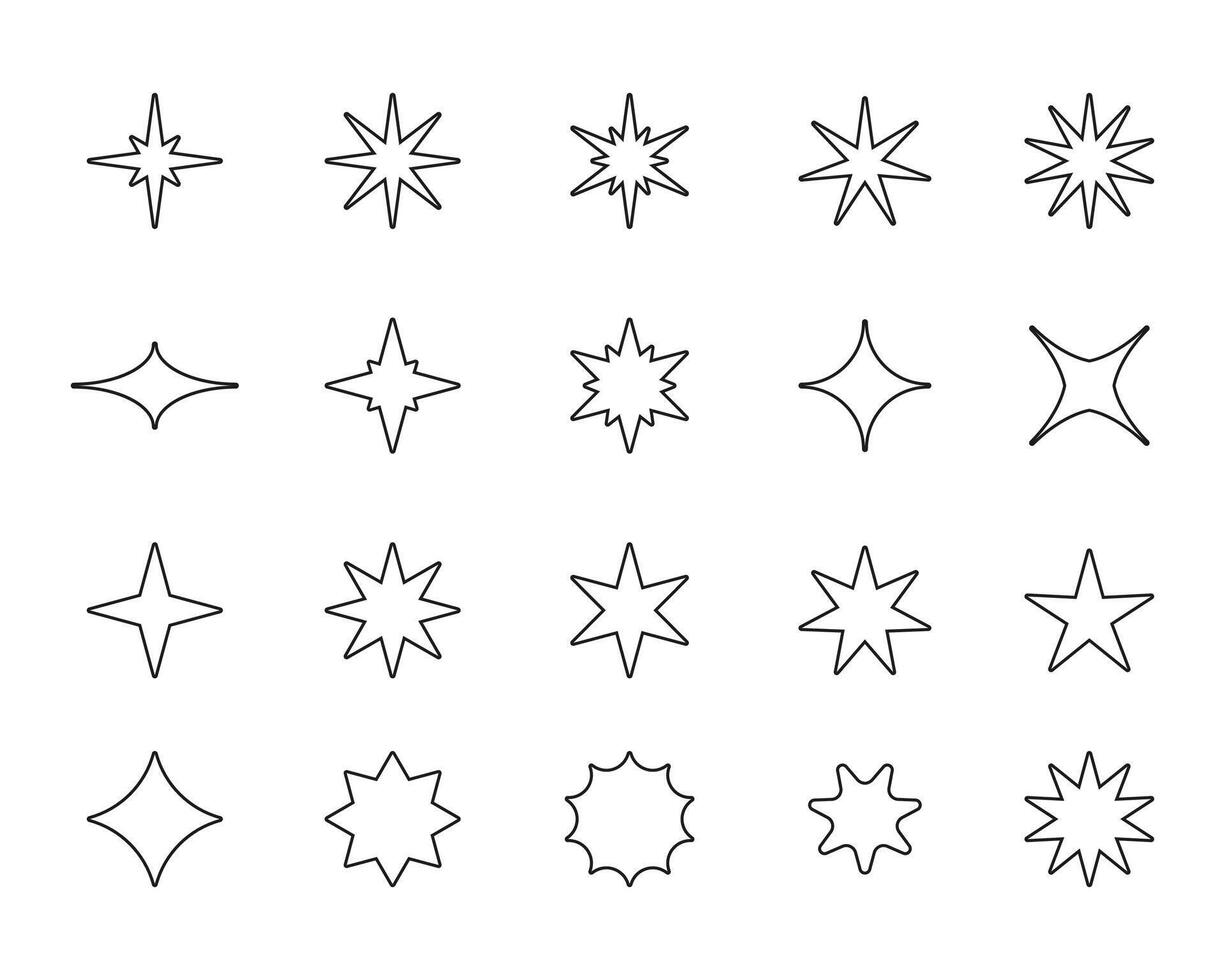 Sterne Linie Symbole. Gliederung fliegend leuchtenden funkelt, anders Typen von Fantasie Himmel und Galaxis Asterismus. Vektor linear Star Symbol Sammlung