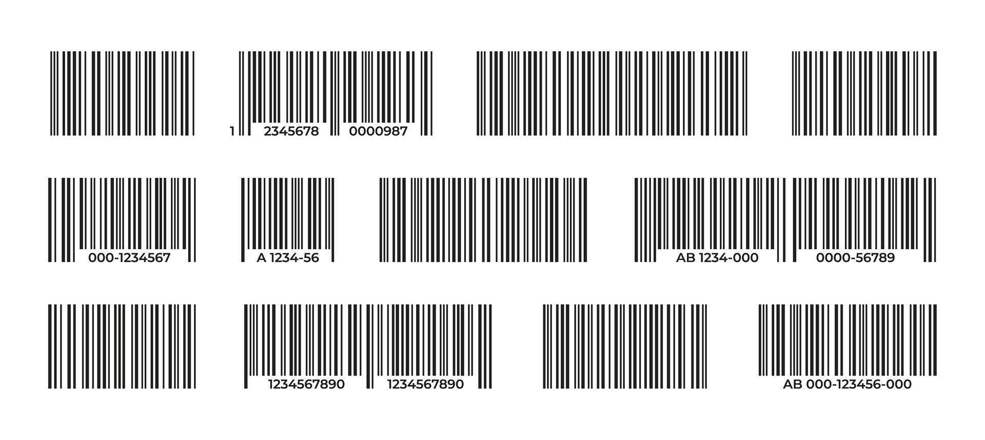 Barcodes Sammlung. schwarz Etikette Barcode zum Produkt Identifikation, Lebensmittelgeschäft Preis Schild, Supermarkt Verteilung System mit Reihe Daten Elemente. Vektor einstellen