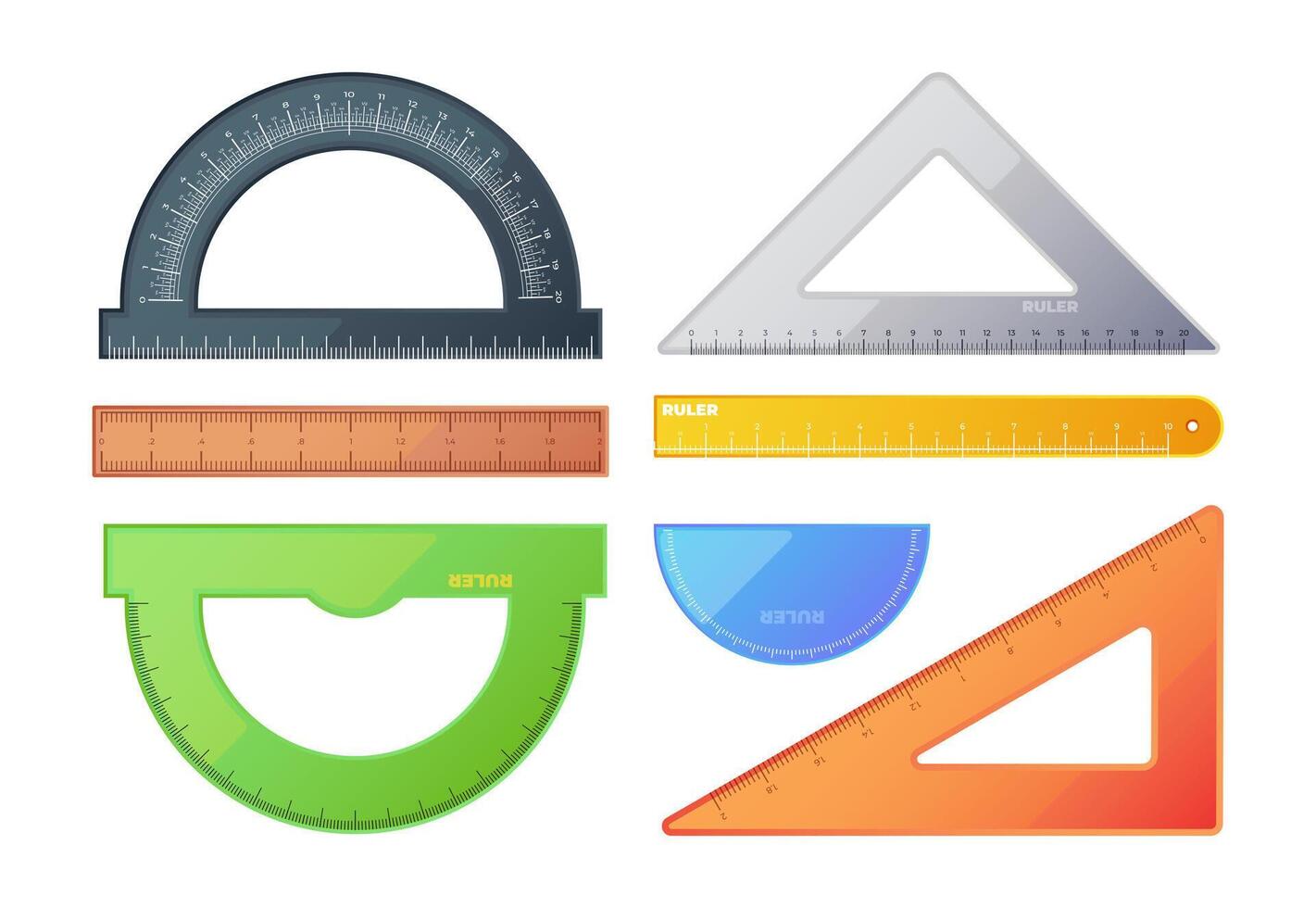 Lineale Sammlung. Messung Rahmen dreieckig Winkelmesser Mathematik Geometrie Werkzeug, Schule Messung Instrumente mit Zentimeter Zoll markiert. Vektor einstellen