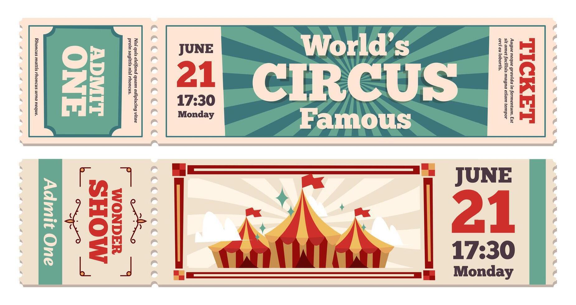 cirkus biljetter. retro tecknad serie cirkus händelse inbjudan med texturerad papper för kabare festival, Semester nöje firande. vektor uppsättning