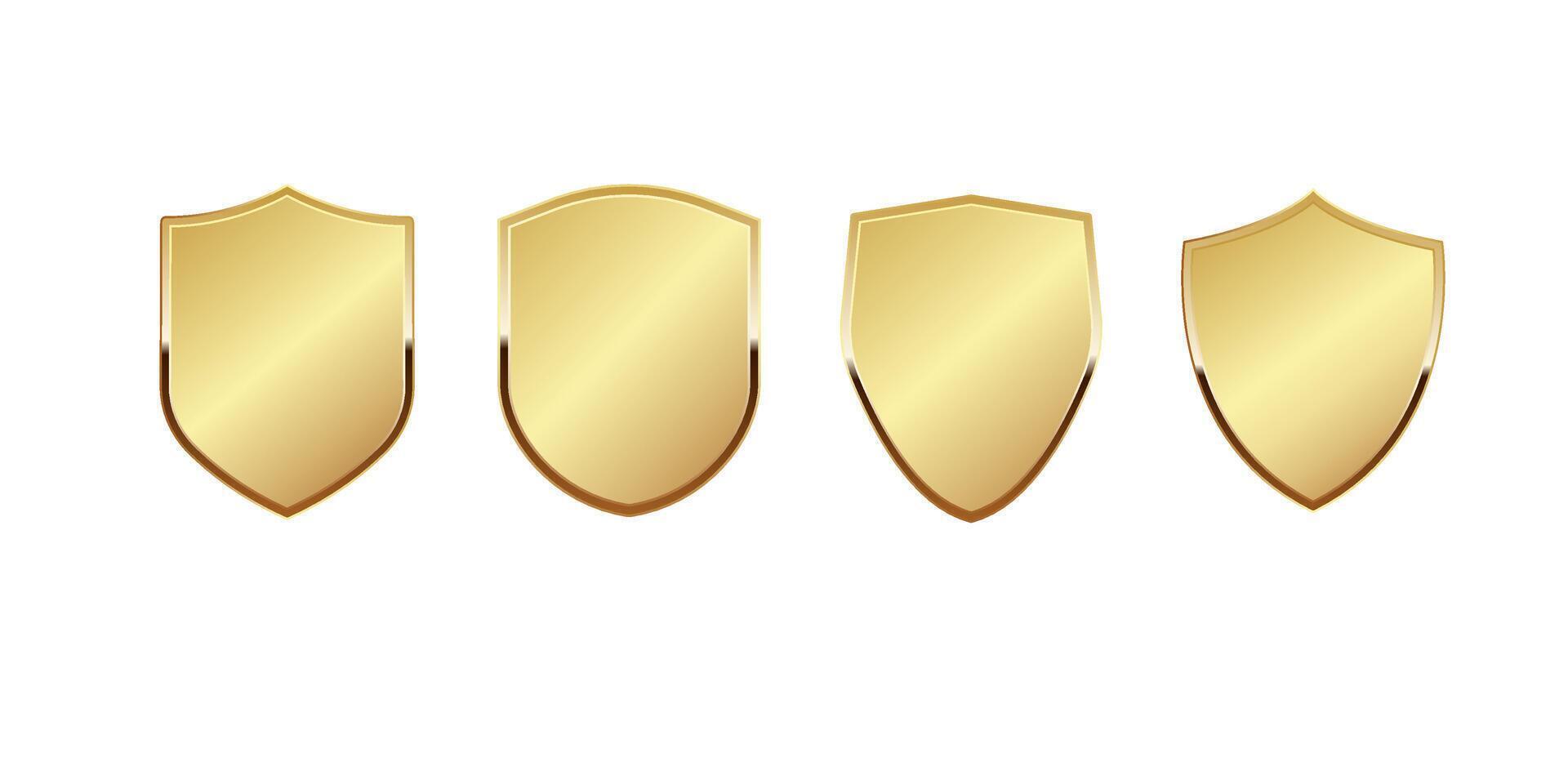guld skydda vektor illustration. realistisk isolerat gyllene arsenal trofén med metall täcka, 3d lyx säkerhet skydd emblem, årgång tom skinande kunglig tilldela.
