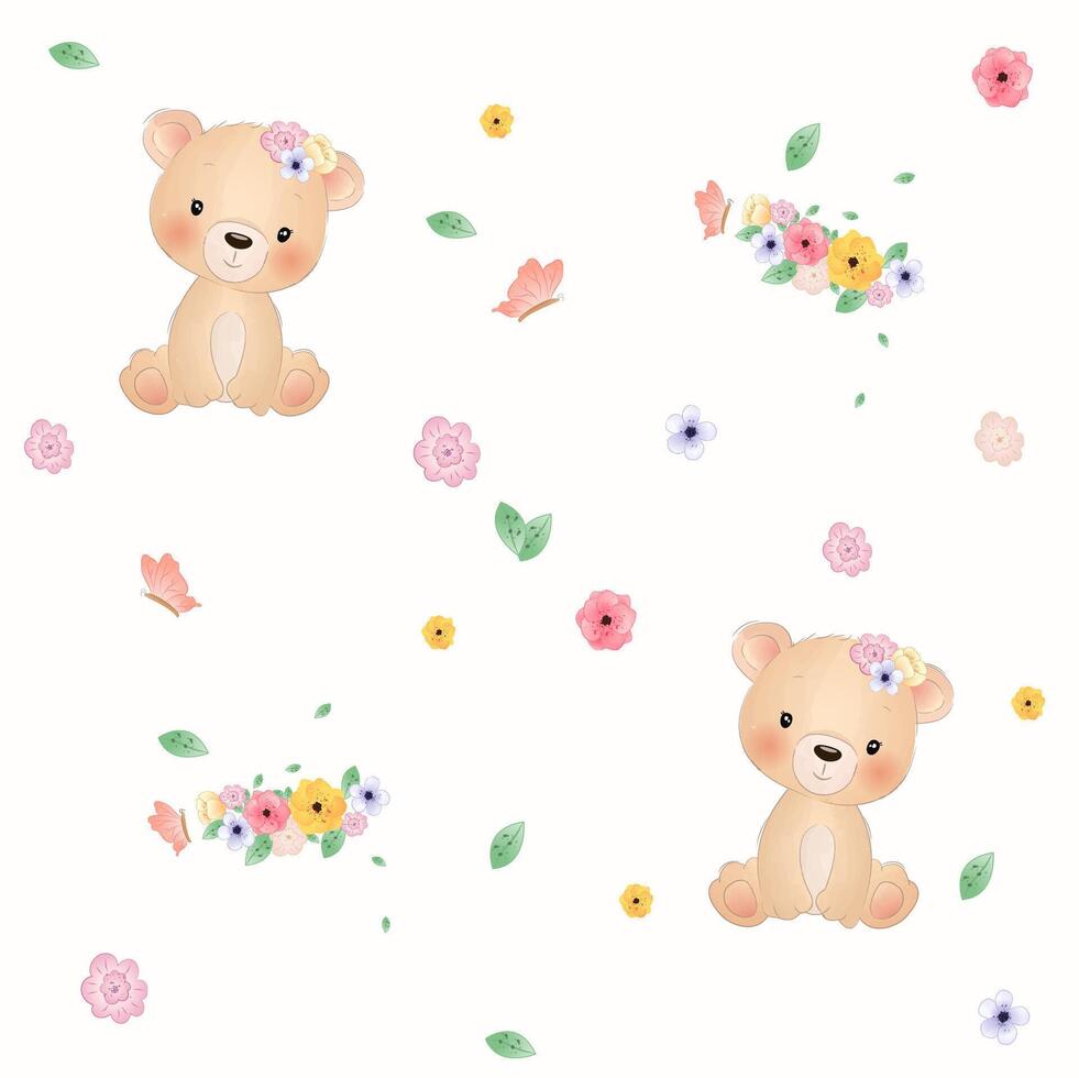 vattenfärg uppsättning av skog tecknad serie isolerat söt bebis räv, lejon, björn, kanin, och djur- med blommor. barnkammare skog illustration. bohemisk boho teckning för barnkammare affisch, mönster vektor