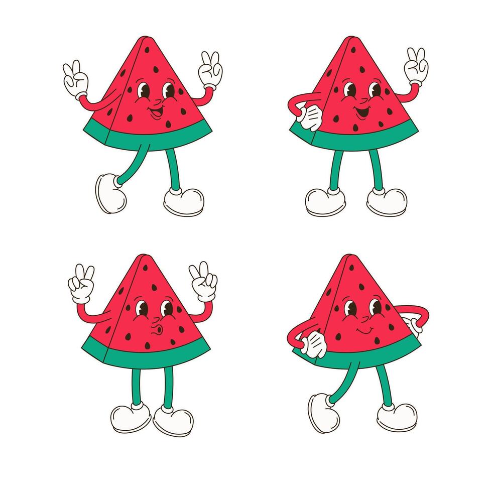 retro Karikatur Charakter Obst Satz. Vektor komisch Illustration mit Banane, Kirsche, Zitrone, Erdbeere, Wassermelone
