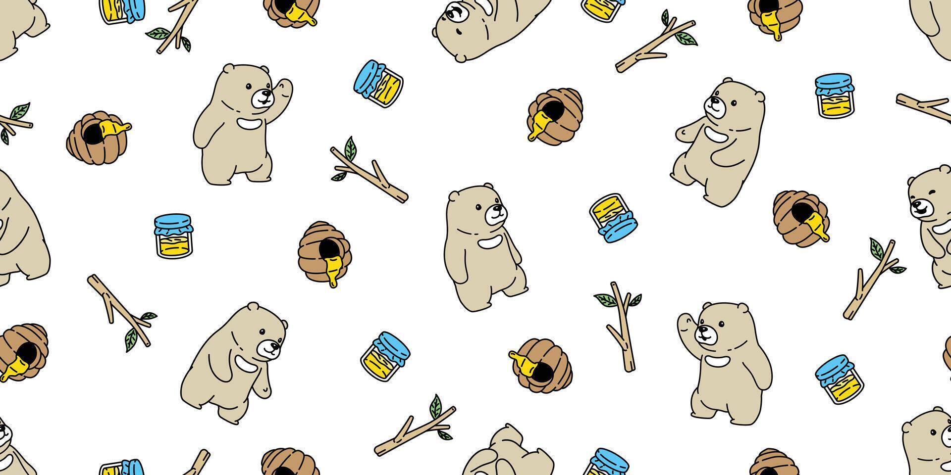 Bär nahtlos Muster Vektor Polar- Bär Honig Biene Teddy Schal isoliert Karikatur wiederholen Hintergrund Fliese Hintergrund Gekritzel Illustration Design