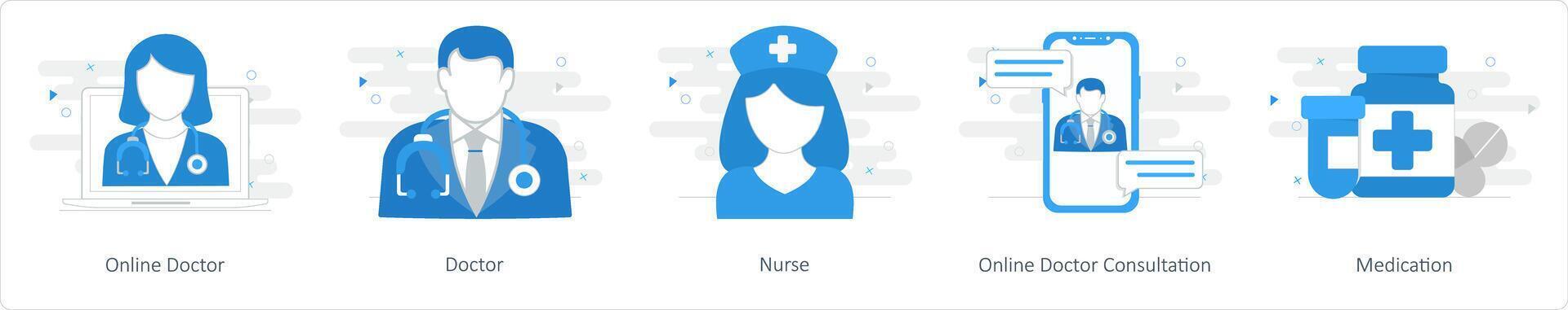 en uppsättning av 5 blanda ikoner som uppkopplad läkare, läkare, sjuksköterska vektor
