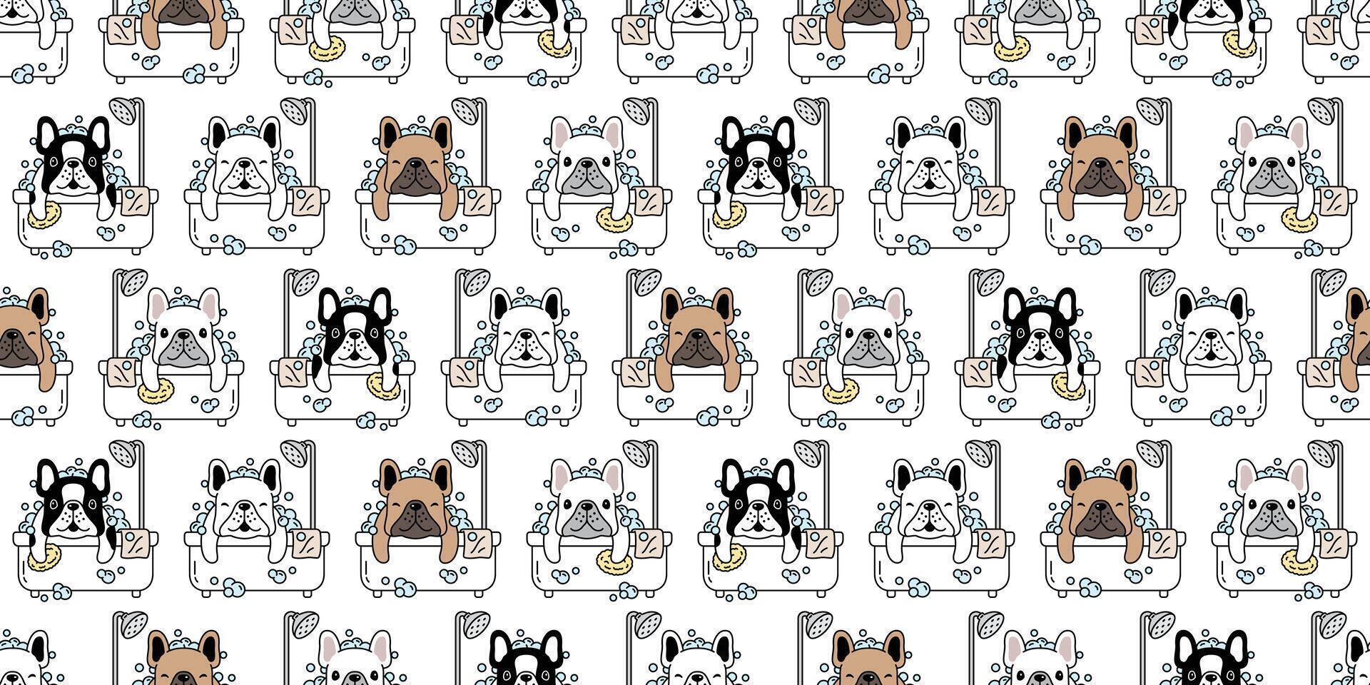 Hund nahtlos Muster Französisch Bulldogge Bad Dusche Vektor Karikatur Schal isoliert Fliese Hintergrund wiederholen Hintergrund Illustration Gekritzel Design