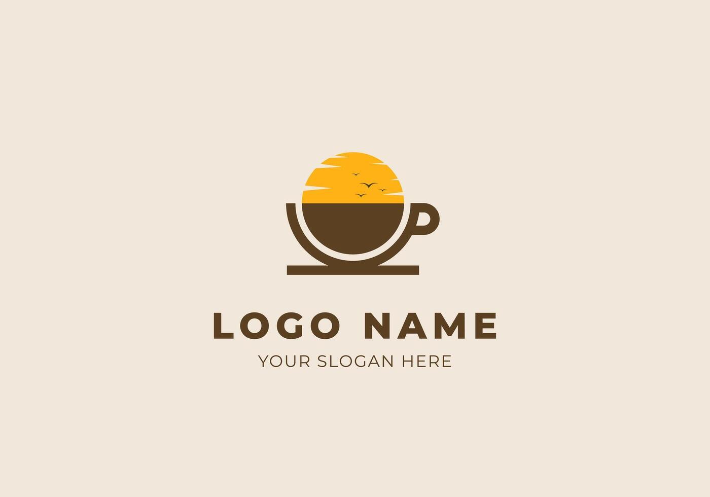 Logo Kaffee Tasse und Sonnenuntergang mit Vogel Fliege. minimalistisch und modern Logo Design. bearbeitbar Farbe vektor