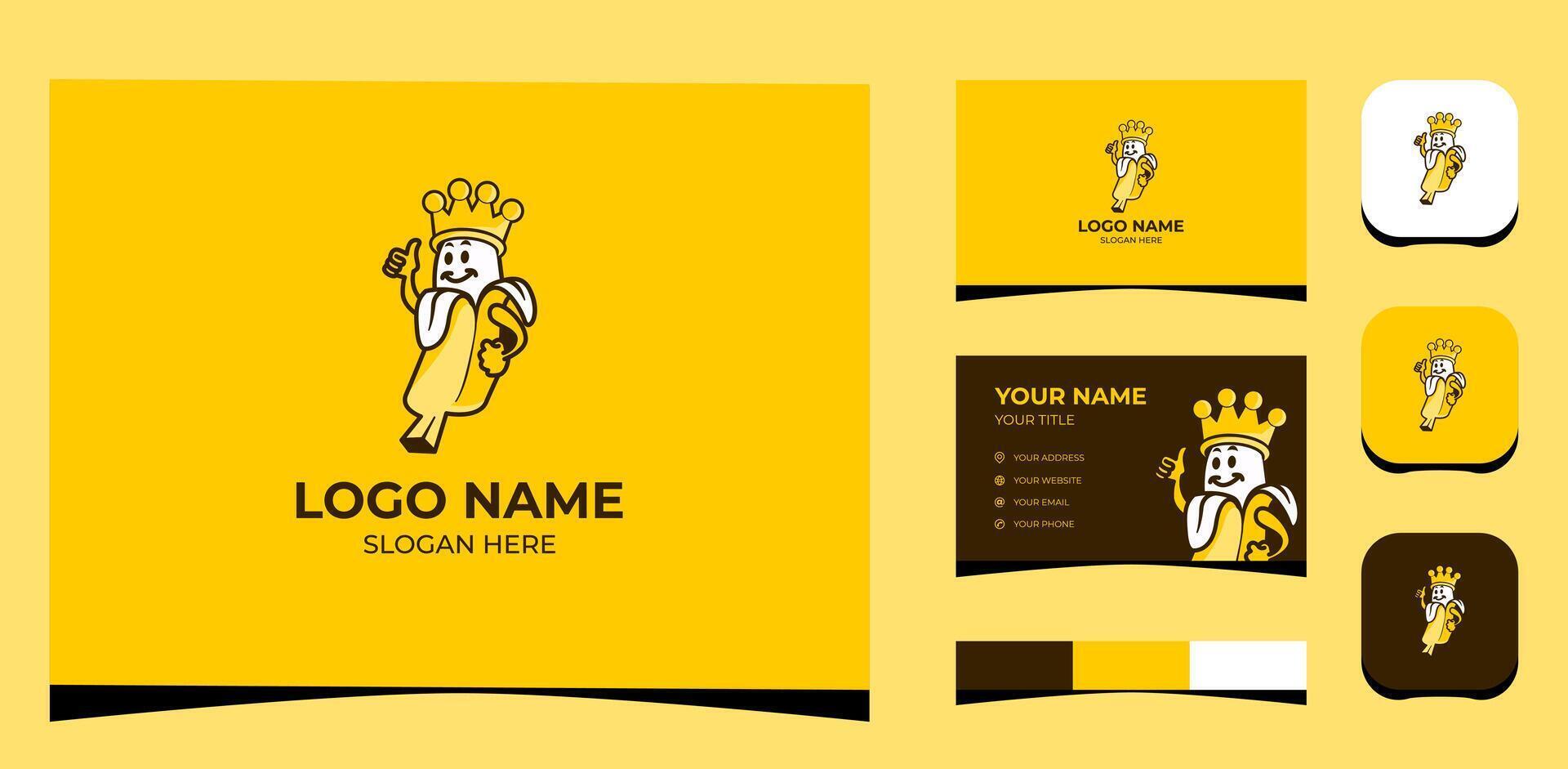 Vorlage Logo kreativ Banane König Maskottchen Karikatur Konzept. kreativ Vorlage mit Farbe Palette, visuell Marke, Geschäft Karte und Symbol. vektor