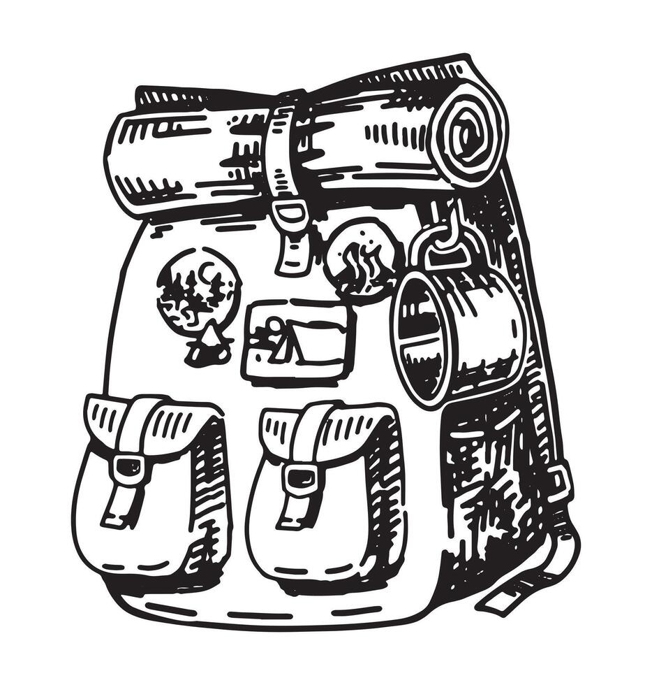 Wandern Rucksack Clip Art. Reise Attribut, draussen Abenteuer Gekritzel isoliert auf Weiß. Hand gezeichnet Vektor Illustration im Gravur Stil.