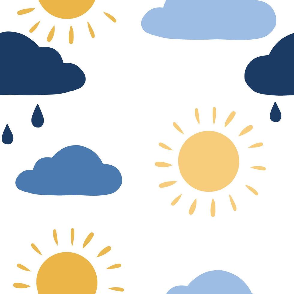 Hand gezeichnet Grafik Vektor Hintergrund. Karikatur Wolken, Regentropfen und Sonne. Wetter nahtlos Muster. bunt Hintergrund isoliert im Weiß. kindisch Design zum Verpackung Papier, Stoff, druckt und usw.