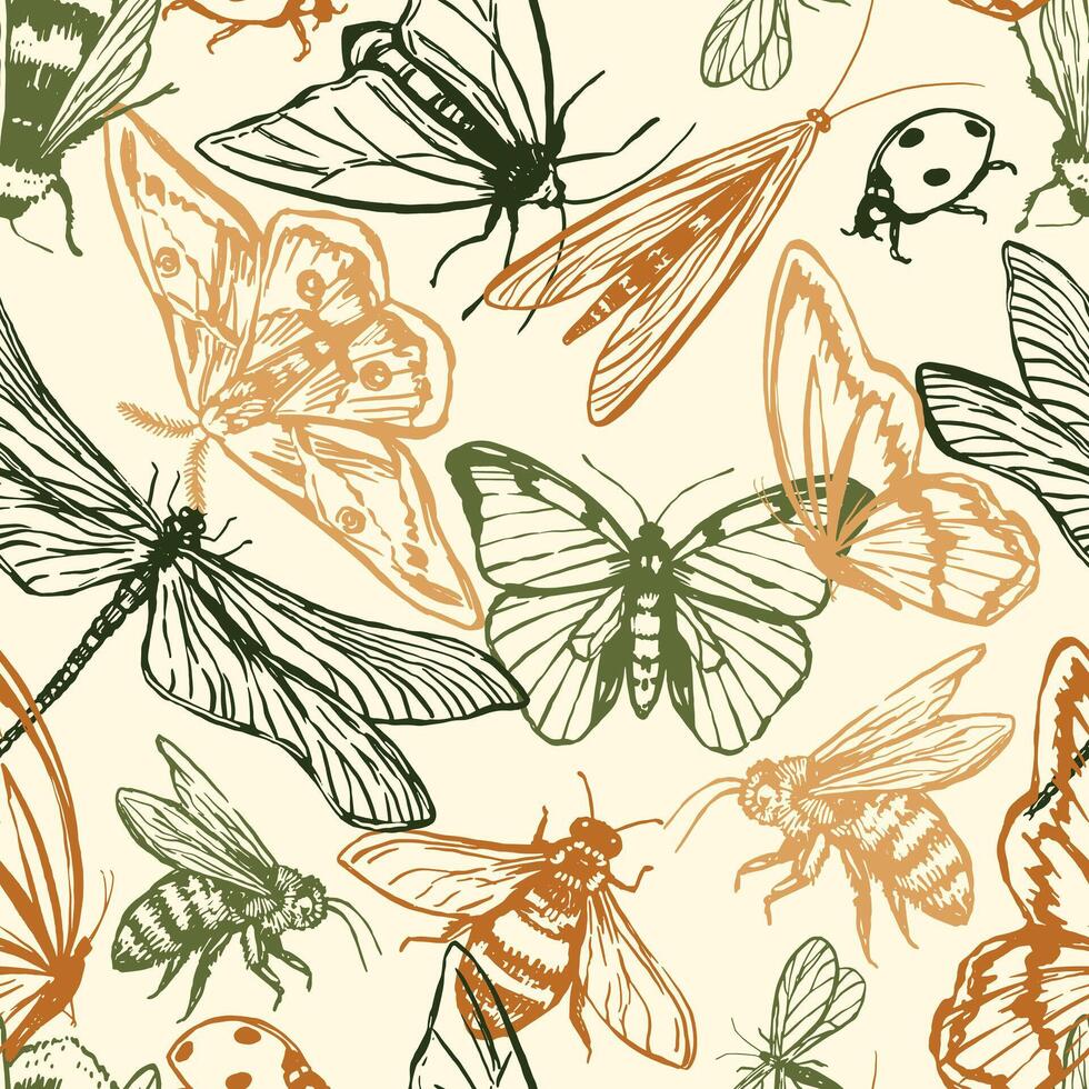 fliegend Insekten Vektor nahtlos Muster. Illustration von Käfer, Schmetterlinge, Libellen, Motten, Marienkäfer, Bienen. retro Stil Ornament zum Design Hintergrund, Dekor, Hintergrund.