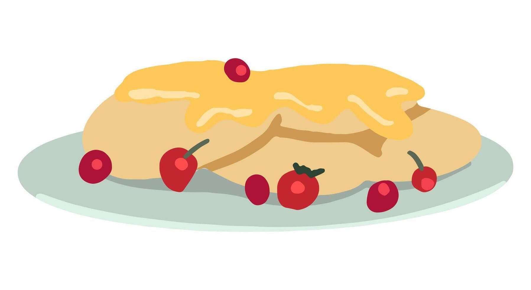 hausgemacht Pfannkuchen. Pfannkuchen mit Beeren und Honig. Hand gezeichnet Vektor Illustration von Cottagecore ästhetisch. einfach Zeichnung isoliert auf Weiß. Single Clip Art zum Dekor, Aufkleber, Design, Karte, drucken.