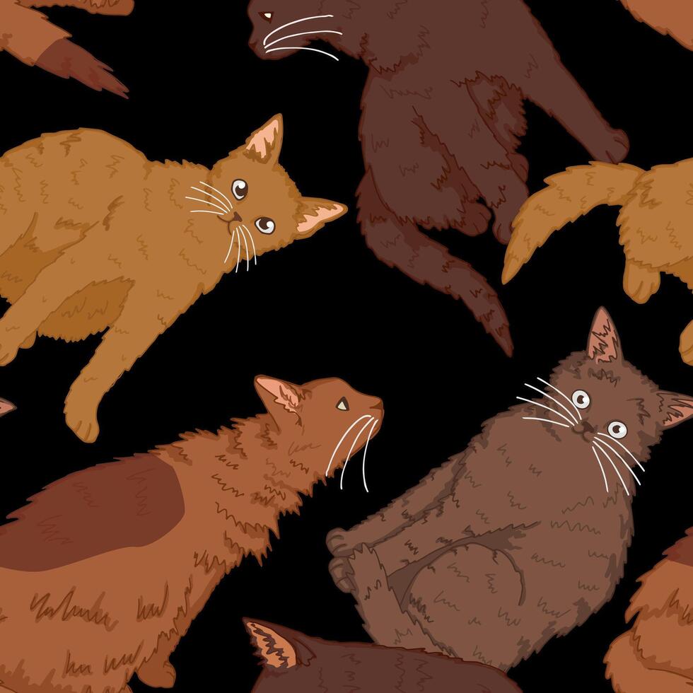 Katzen Haustier Tiere, komisch Kätzchen nahtlos Muster. Hand gezeichnet Vektor Illustration. farbig Ornament. Design zum Dekor, Hintergrund, Hintergrund, Textil.